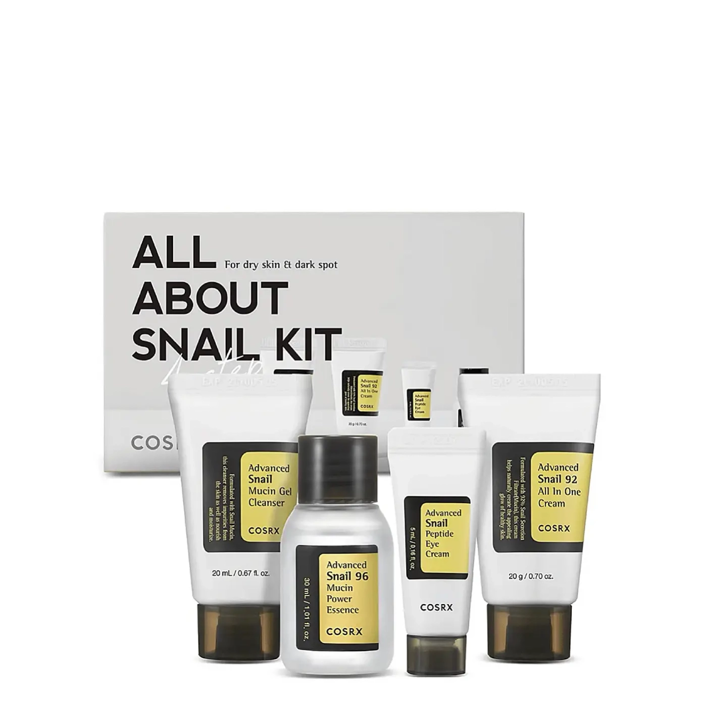 COSRX All About Snail Kit 4-Step - Zestaw do Pielęgnacji Twarzy ze Śluzem Ślimaka (żel do mycia twarzy, esencja, krem pod oczy, krem do twarzy)