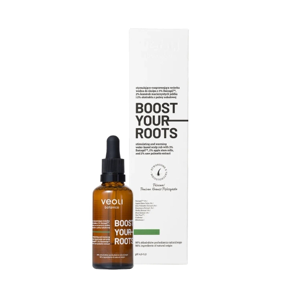 Veoli Botanica BOOST YOUR ROOTS stymulująco-rozgrzewająca wcierka wodna do skalpu z 3% Baicapil™, 2% komórek macierzystych jabłka i 2% ekstraktu z palmy sabałowej 50ml
