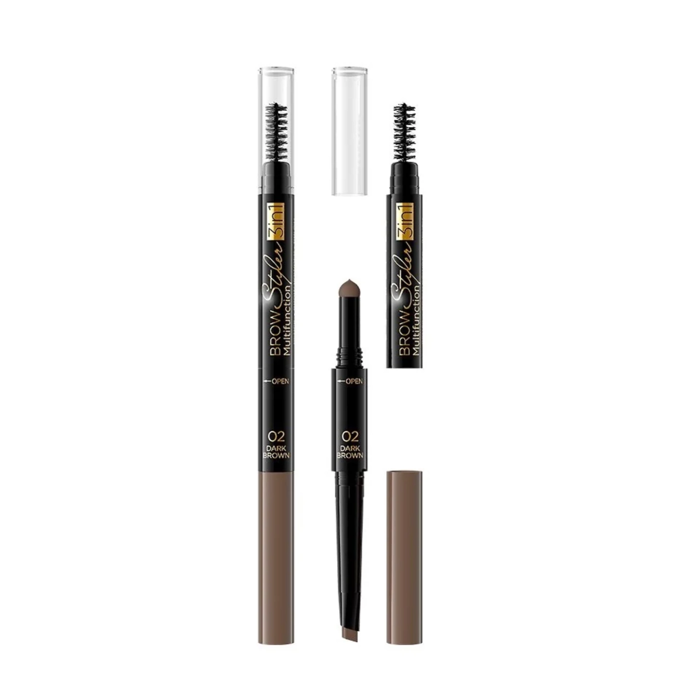 Eveline Cosmetics Brow Styler Multifunction 3w1 Kredka do brwi w sztyfcie z gąbeczką i szczoteczką 02 Dark Brown