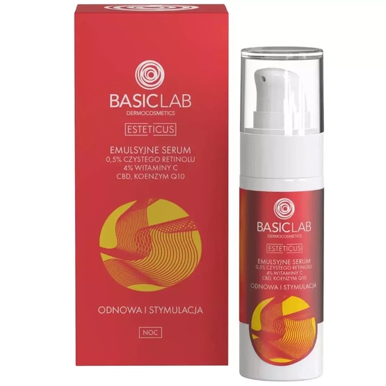 BasicLab Emulsyjne serum z 0,5% Czystego Retinolu, 4% wit. C, CBD i Koenzymem Q10 30ml